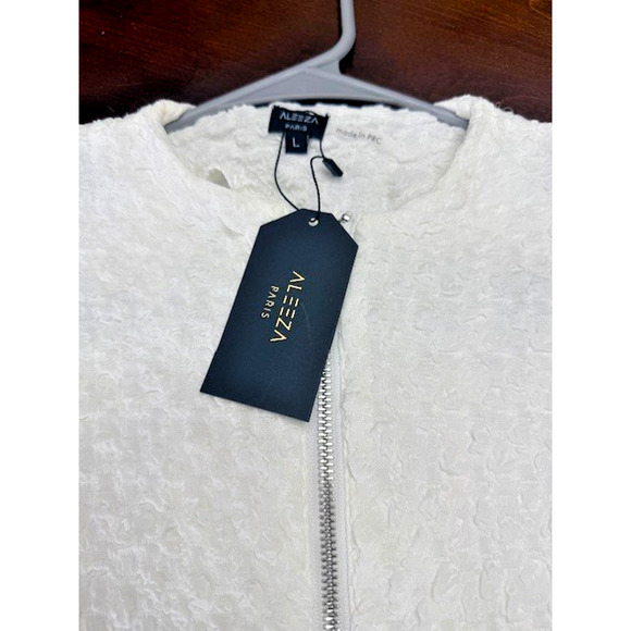 JIFFY POP ZIPPER CARDIGAN Aleeza Paris White Silver Zip Crinkle Top Sz Large NEW - Picture 5 of 10